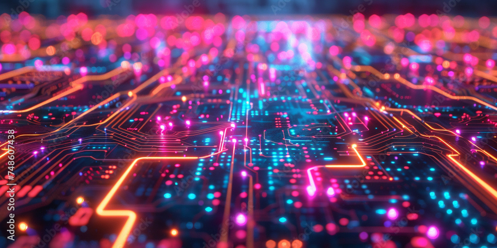 Abstract representation of a circuit board with neon lighting. Futuristic technology background. Abstract representation of a circuit board with neon lighting. Futuristic technology background.