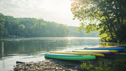 Pristine lakeshore scene with colorful paddleboards at dawn. © VK Studio