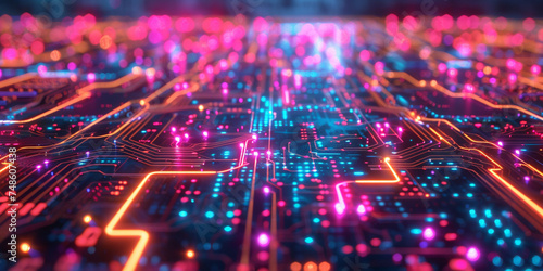 Abstract representation of a circuit board with neon lighting. Futuristic technology background.