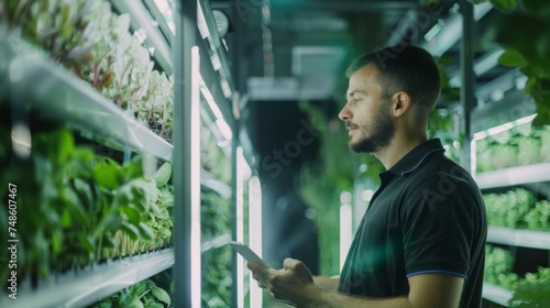 Agricultural technician in indoor farm using tablet, showcasing modern agriculture and technology integration