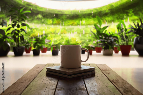 A white blank coffee mug sits on top of a wood table with a blurred interior and potted green plants in the background, cup of coffee, cup of coffee on the table, cup of coffee on wooden table