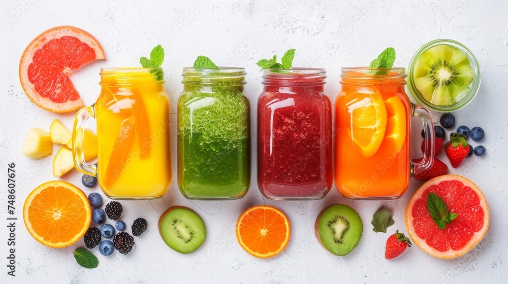 Array of colorful fresh fruit smoothies with ingredients, ideal for healthy lifestyle and diet concepts. - obrazy, fototapety, plakaty 