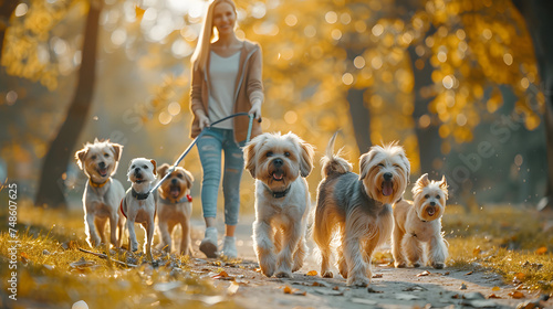 Professional dog walker with a pack of small dogs on leashes enjoying a sunny autumn day in the park. Pet care services concept with vibrant fall colors and copy space for design