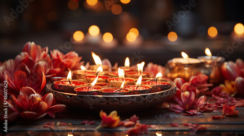 Diwali Celebration With Lotus Flowers And Lit Lamps