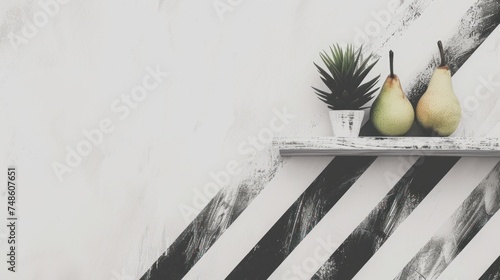 two pears and a pineapple are sitting on a shelf in front of a wall with black and white stripes. photo