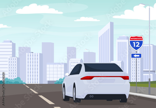 Car on the road. Road Signs. Orientation on the road highway for drivers safe driving. Vector illustration