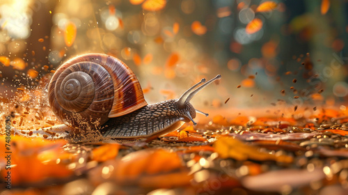 Snail with turbo speed in fantasia, racing through a vibrant magical landscape, leaving a trail of sparkling light. A journey of wonder. A fusion of fantasy and velocity.
