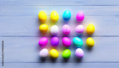 Easter decorated coloured eggs on a wooden table  topview