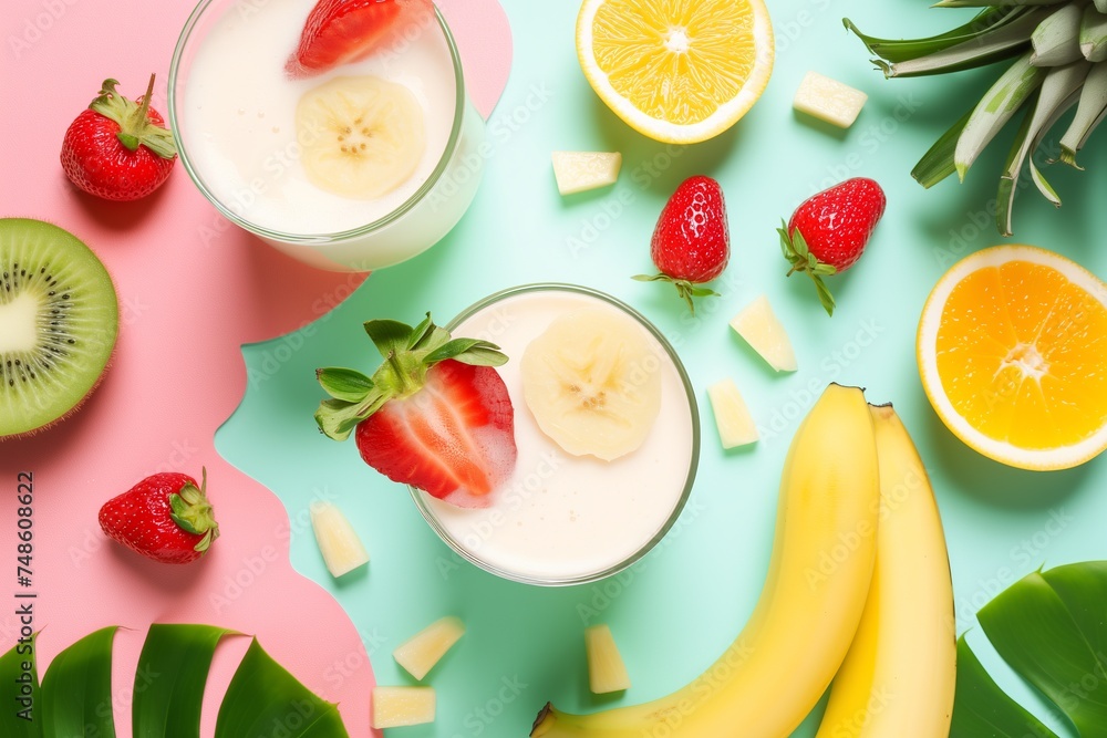 top view of a banana and strawberry smoothie on a pastel blue background with assorted fruits top view of a banana and strawberry smoothie on a pastel blue background with assorted fruits
