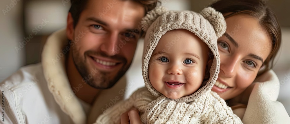 Close up portrait of beautiful family in knitted sweater with a small child girl. Mother, father, and baby together