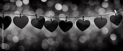 Paper multi-colored hearts are suspended on a clothesline. Monochome background for Valentine's Day, engagement, wedding photo