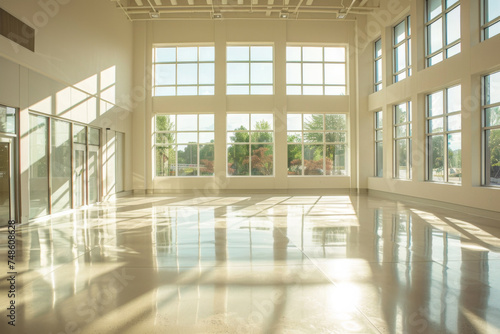 An empty space filled with light from large windows.