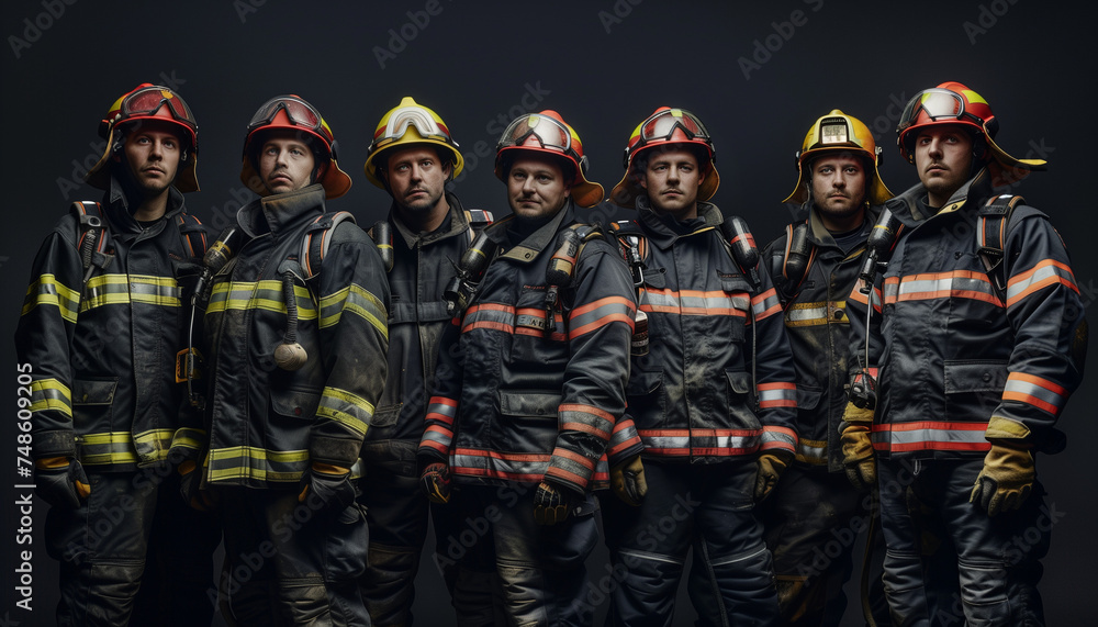 Naklejka premium several firefighters in protective uniform 