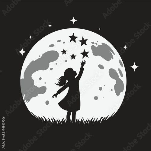 Kid reaching stars silhouette against moon