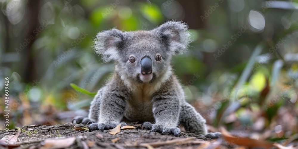 Fototapeta premium A cuddly koala, an iconic marsupial native to Australia, sits peacefully on a eucalyptus tree branch.