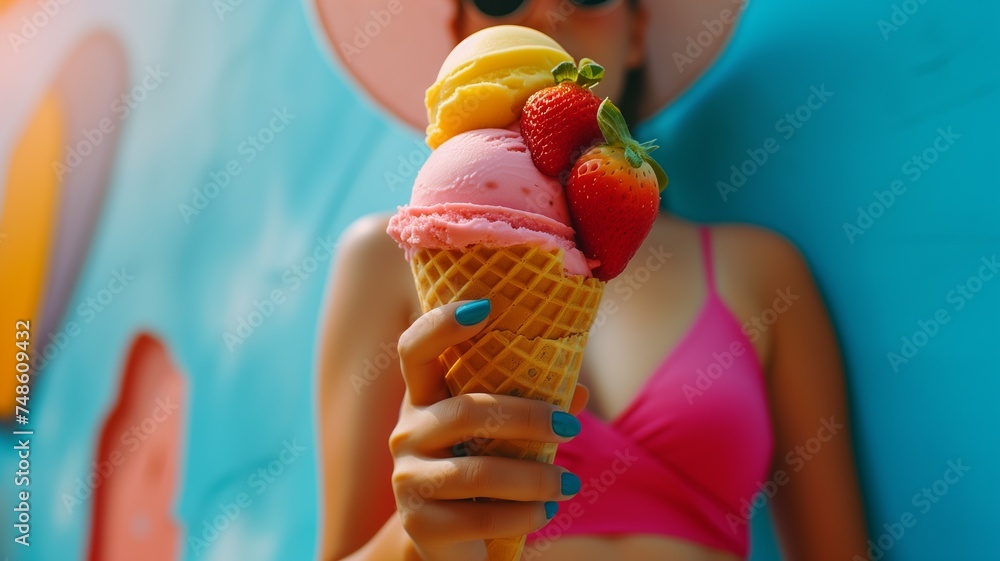 Woman on summer clothes holding amango and strawberry ice cream scoop on waffle cone with two fresh strawberries