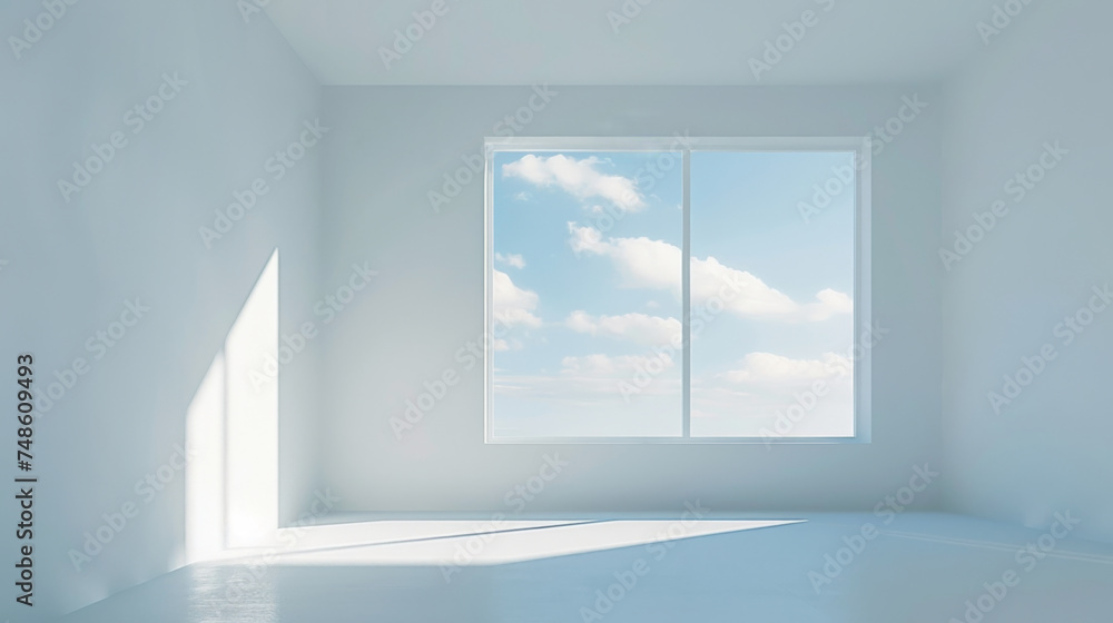 Fototapeta premium A white empty room with 3d window and blue sky.