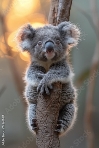 An adorable koala  a symbol of Australian wildlife  sits peacefully on a tree branch.