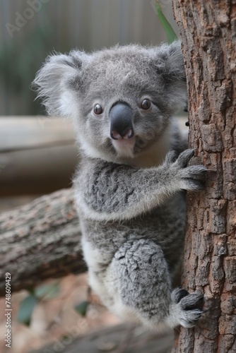 An adorable koala resting on a tree, showing off its fluffy gray fur and cute face.