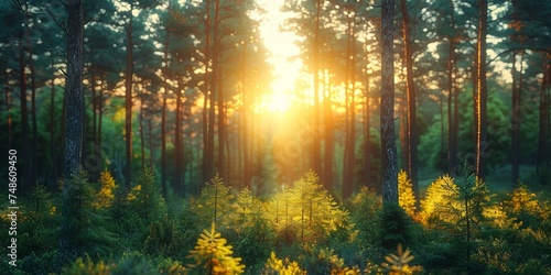 In a tranquil forest  sunlight filters through the thick canopy  casting enchanting rays among the lush greenery.