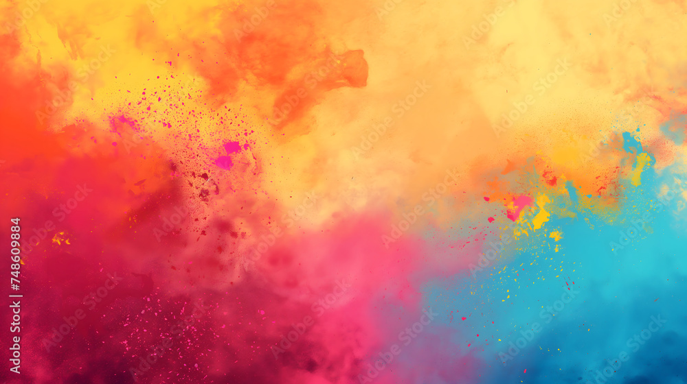 Vibrant colorful gradient yellow, blue, and red floating smoke with red splatter background.