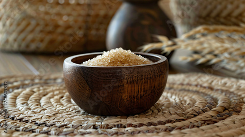 Brown sugar in wooden sugar bowl.