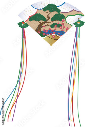 日本の伝統的な扇子。女性が持つ松の木と紅梅の絵の檜扇のイメージイラスト。