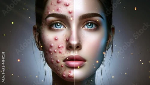  Problematic skin with acne - before and after. Skin of a young girl.
