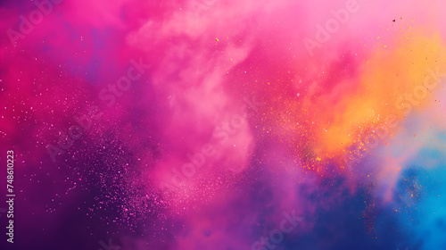 Vibrant colorful gradient pink and yellow floating smoke with powder splatters background design.