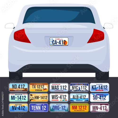 Vehicle registration numbers in the USA. The back of the car. Abstract beautiful license plates for different states of America. Vector illustration