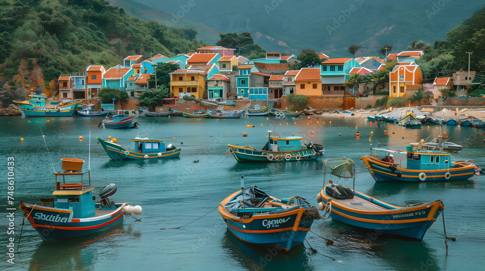 A traditional fishing village, with colorful boats moored in the harbor as the background, during a local festival