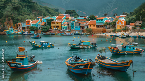 A traditional fishing village, with colorful boats moored in the harbor as the background, during a local festival