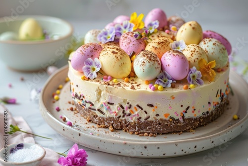 Easter Egg Cheesecake festive Easter dessert, mini eggs, spring flowers, space for text