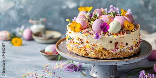 Easter Egg Cheesecake festive Easter dessert  mini eggs  spring flowers  space for text