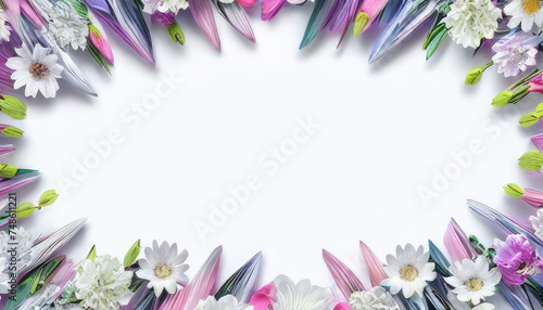 Abstract spring white background with many flowers for 8 March Womans Day celebration. Postcard with copyspace