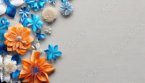 Abstract spring background with many papercut flowers for 8 March Womans Day celebration. Postcard with copyspace