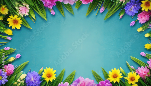 Colorful spring background with many flowers and copyspace