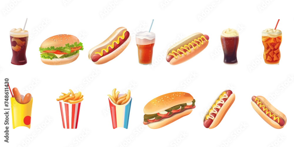 Breakfast set with hamburgers and other items on white background. Breakfast set with hamburgers and other items on white background.