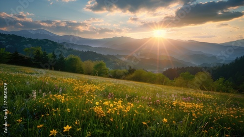 Summer mountain valley with yellow flowers early in the morning landscape photography at golden hour with setting or rising sun