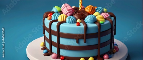 Birthday colorful cake decorated with sweets on a blue background poured with chocolate. 3d. Generative AI
 photo