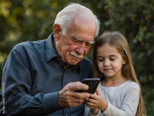 Granddaughter teaching her grandfather how to use a phone