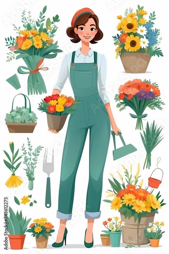 "This vector illustration features a beautifully detailed character of a flower vendor. Ideal for projects and designs related to the floral industry. 