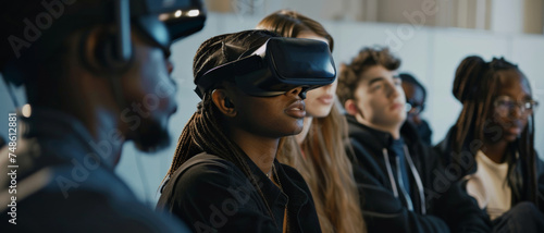 Diverse group immersed in virtual reality experience together.