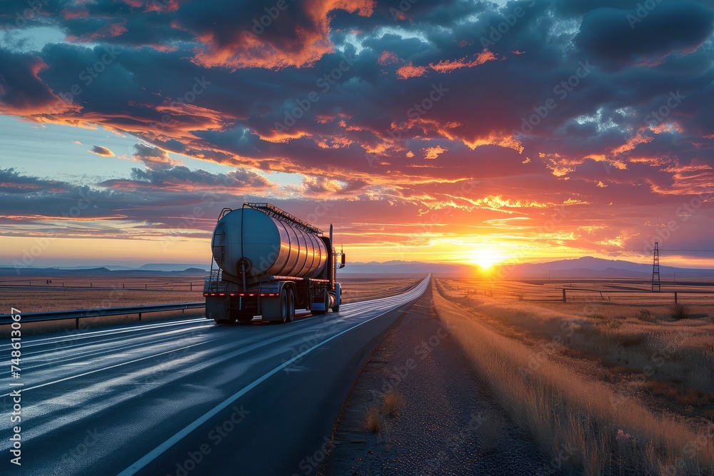 A tanker truck speeds along the highway with a vibrant sunset in the background, highlighting transport and energy industries.
generative ai - obrazy, fototapety, plakaty 