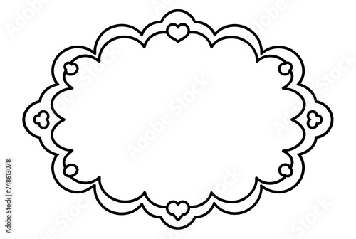 White background with black frame. Inside the frame there is a white oval with hearts drawn on it, forming a decorative border.