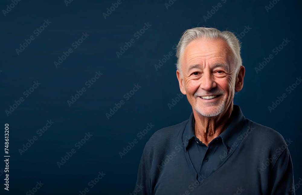 A happy elderly man isolated on a dark blue background. copy space. studio photo A happy elderly man isolated on a dark blue background. copy space. studio photo