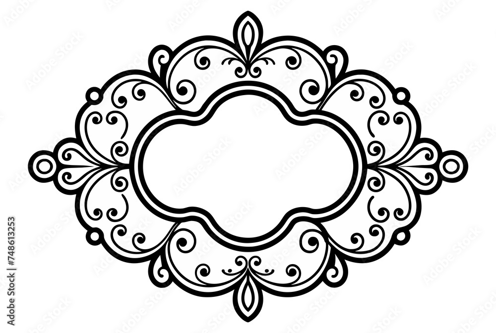 Black and white illustration of a decorative frame with ornate scrollwork. The frame is empty. The swirls add elegance and intricacy to the overall frame design.