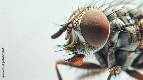 Close up of fly eating dried fish on white background © Cedar