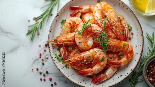 Cooked prawns plated elegantly with herbs, gourmet seafood.