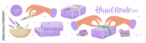 Soap Making, Homemade Lavender soap. Person makes handmade soap with grass of lavender for sale or gift. Vector Illustration for small business. Herbal Healing body care. Natural organic spa products.